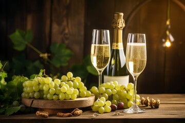 A romantic setting featuring a bottle of Spanish Cava wine accompanied by crystal glasses and fresh grapes