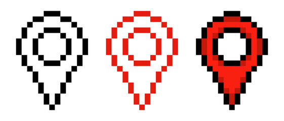 Set of gps marks line icon. Map, geography, navigation, location, travel, road building, compass, map, route, pixel style. Multicolored icon on white background.