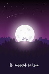 Christmas card with moose looking at the moonlight.