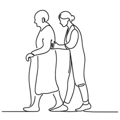 シニア女性の歩行を介助する女性介護士