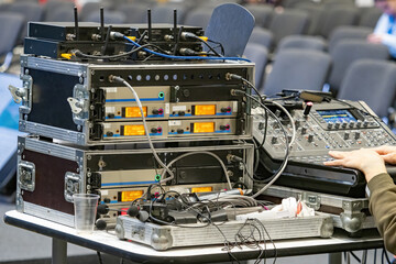 Sound equipment. Portable DJ console. Table with sound equipment. Concert technologies. Equipment...