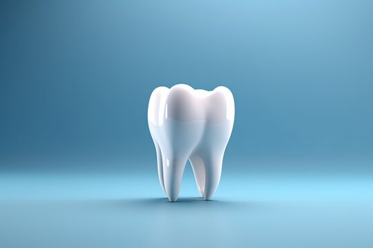 3D white tooth on a blue background. Dentistry. Dental treatment. Health concept