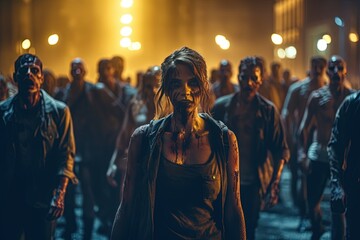 Young zombie girl among a crowd of zombies. Zombies are walking down the street. Apocalypse. Infection.