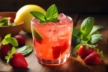 Quench your thirst with this sparkling lemon and strawberry fizz on a rustic setting