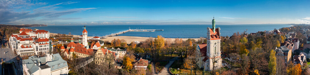 Naklejka premium Aerial panorama of the Sopot city by the Baltic Sea at autumn, Poland