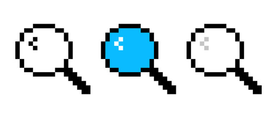 Set of magnifying glass with blue glass line icon. Search bar, glass, magnification, optics vision, pixel style. Multi-colored icon on a white background.