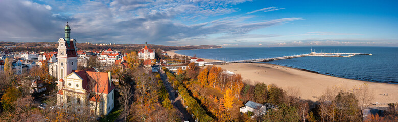 Aerial panorama of the Sopot city by the Baltic Sea at autumn, Poland