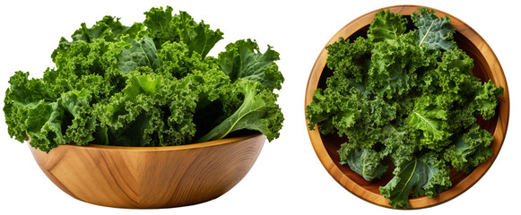 Green kale in a wooden bowl, side and top view, isolated on a white background, vegetable bundle - obrazy, fototapety, plakaty