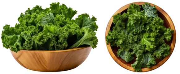 Poster Green kale in a wooden bowl, side and top view, isolated on a white background, vegetable bundle © Flowal93