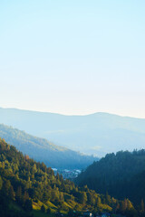 Naklejka premium Tranquil Alpine Majesty: Verdant Peaks and Serene Valleys