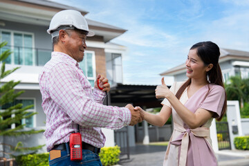 Happy homeowner stand in front of contractor and shake hand, handyman holding clipboard and after...