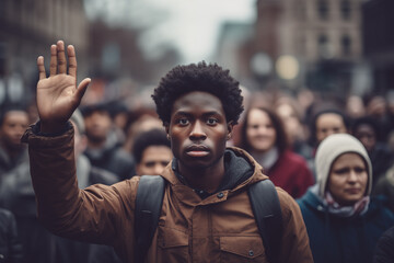 Photo of african male on the street during protest - obrazy, fototapety, plakaty