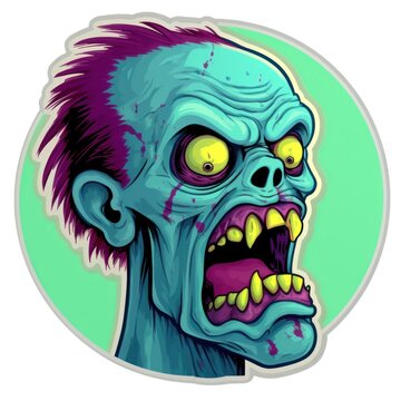 Zombie head on green background. Cartoon style. Zombie Sticker. Sticker. Logotype.