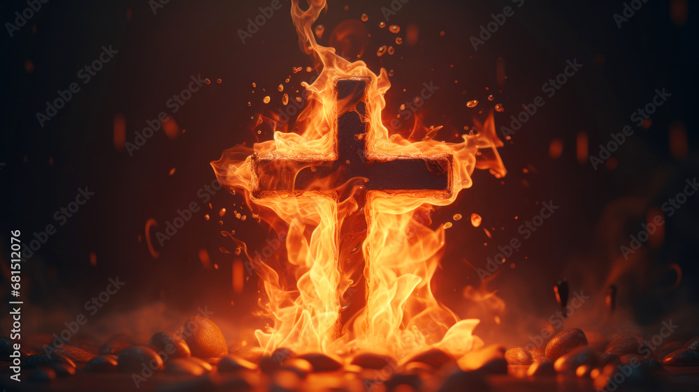Poster burning christian cross on a dark background. 3d rendering.