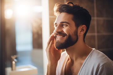 Photo of attractive male in the bathroom in front of a mirror - Powered by Adobe