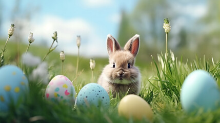 Cute Easter bunny and colorful eggs on green grass, closeup