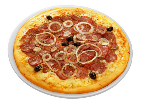 pizza de calabresa com cebola e azeitona preta isolado em fundo transparente - pizza de pepperoni