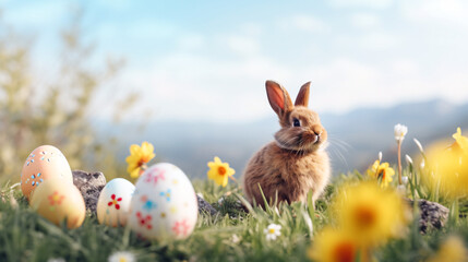 Easter bunny and Easter eggs on a meadow with daffodils