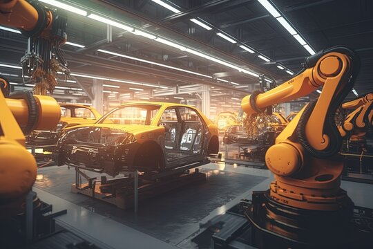 Robotic manipulators assemble a car on a conveyor belt. Automatic construction, construction, industrial production conveyor. Industry 4.0