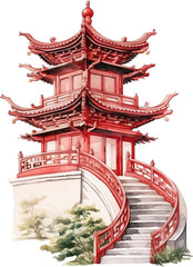 Red Chinese House on transparent Background, PNG File.