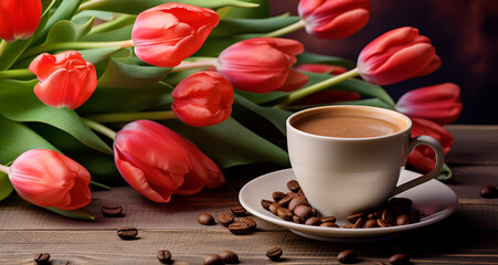 Fototapeta na wymiar cup of coffee with tulips