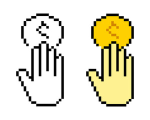 Couple hand holding coin line icon. Money, finance, wealth, dollar, wallet, profit, bank pixel style. Multicolored icon on white background.