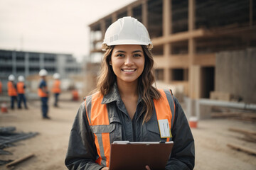Portrait of a young female engineer at construction site holding clipboard smiling at the camera. Generative AI.