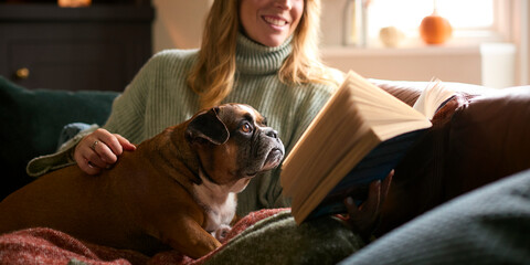 Close Up Of Woman At Home In Winter Jumper Reading Book Stroking Pet French Bulldog Dog