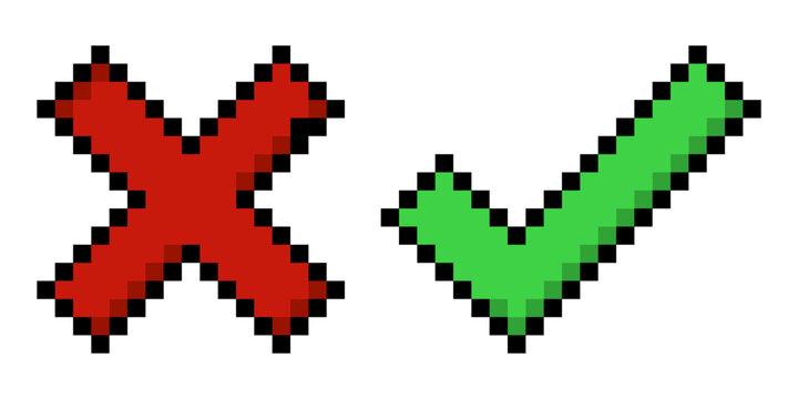 Red cross and green check mark line icon. Choice, vote, confirm, cancel, test, poll, decision, option, alternative, pixel style. Multicolored icon on white background.
