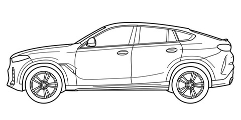 Classic luxury sport coupe suv car. Crossover car front view shot. Outline doodle vector illustration. Design for print, coloring book	