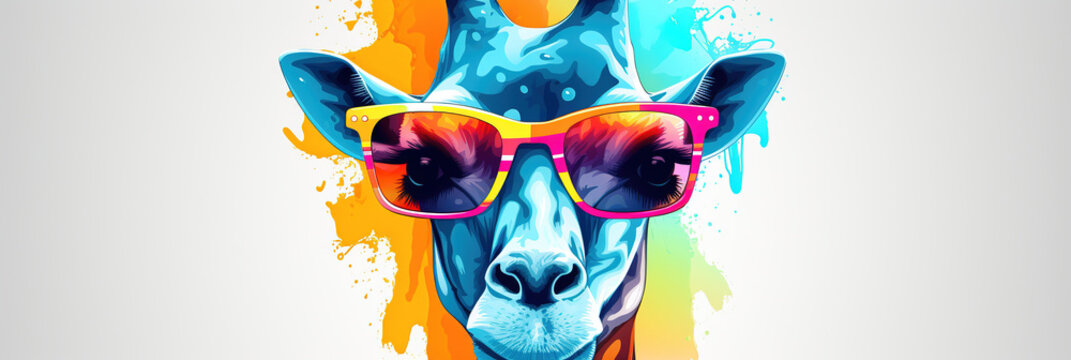 Naklejki Cartoon colorful giraffe with sunglasses on white. Contemporary Art. Cover, sticker, flyer design. Illustration with paint splashes.