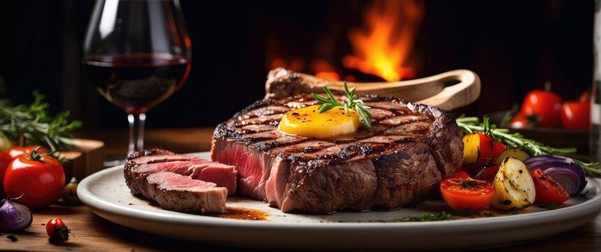 A sizzling steak platter, featuring a large tomahawk ribeye steak, grilled to perfection, served with roasted vegetables and a glass of red wine. 