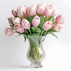 Pink tulips in a vase on a white background. Spring flowers, Women's Day March 8.