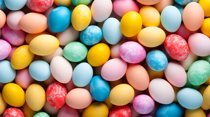 Fototapeta na wymiar Colorful easter eggs background, top view, close-up