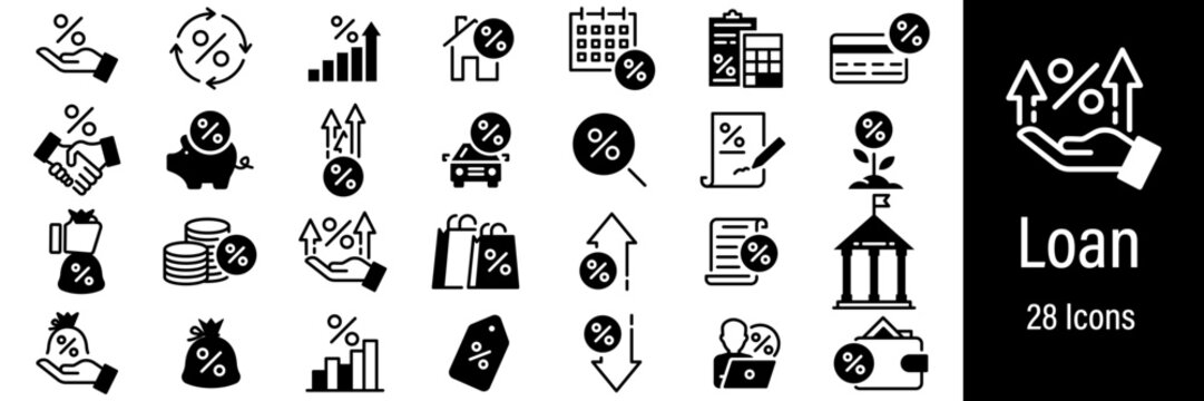 Loan Web Icons. Mortgage, Deposit, Profit, Car Leasing, Discount. Vector in Line Style Icons