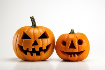 Fototapeta premium Two funny fngry Halloween pumpkin head jack lantern isolated on white background