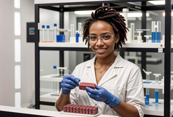 Lab meat and african and american woman scientist working in a laboratory, cultured meat made with animal cells in vitro, cellular agriculture, future, cultivated meat bio tech - obrazy, fototapety, plakaty