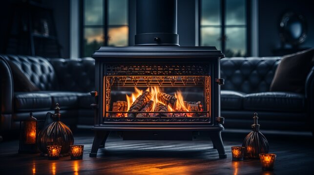 Contemporary living room stove with visible flames