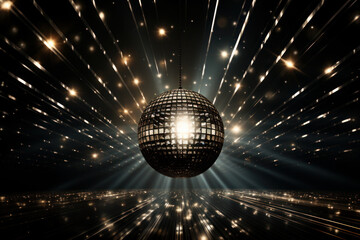 golden disco ball shines and glows. party and celebration in the club. lights and bokeh on the background. - obrazy, fototapety, plakaty