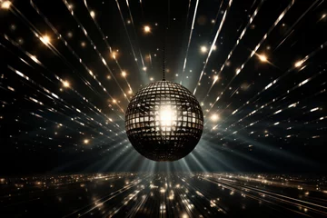 Foto op Plexiglas golden disco ball shines and glows. party and celebration in the club. lights and bokeh on the background. © Svetlana
