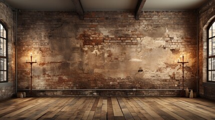 An empty room with exposed brick walls