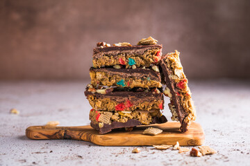 Homemade Cereal granola bars. Super food breakfast bars with peanutbutter, cereal nuts.