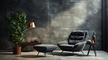 Sophisticated and Minimalist Dark Grey Room with Armchair and Potted Plant