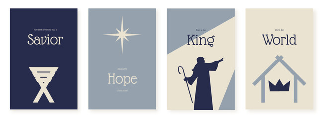 Set of christmas cards. For there is born to you a savior. Joy to the world. Born is the King. Jesus is the Hope to the world - obrazy, fototapety, plakaty