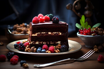 Slice of chocolate cake with raspberries on black background promotional commercial photo
