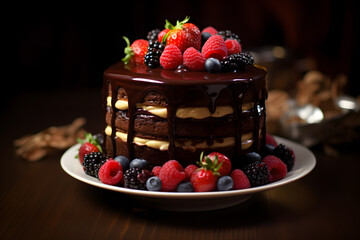 Slice of chocolate cake with raspberries on black background promotional commercial photo
