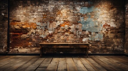 An empty room with exposed brick walls