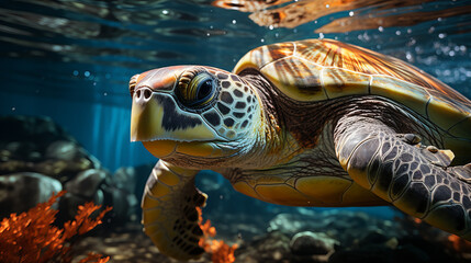 Fototapeta premium a green sea turtle swimming underwater in the ocean