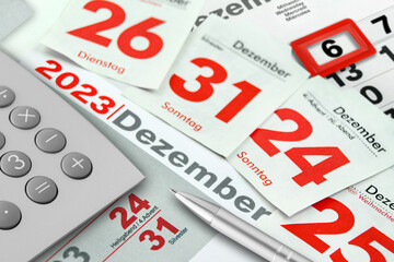 Deutscher Kalender und Feiertage im Dezember 2023 Weihnachten Silvester Advent Nikolaus mit Rechner