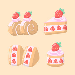 vector strawberry cheesecake rool silice cake birthday pink cream illustration